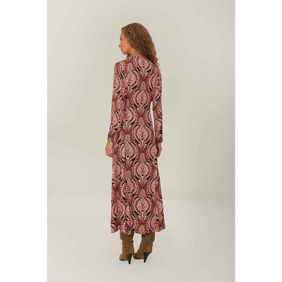 Farm Rio NWT Pineapple Jewelry Midi Dress Brown Pink Print Size Small - Picture 2 of 12